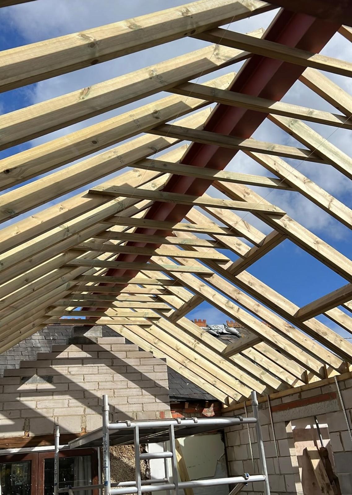 New roof structure with timber rafters and skylight openings framed by CZ Bespoke Carpentry