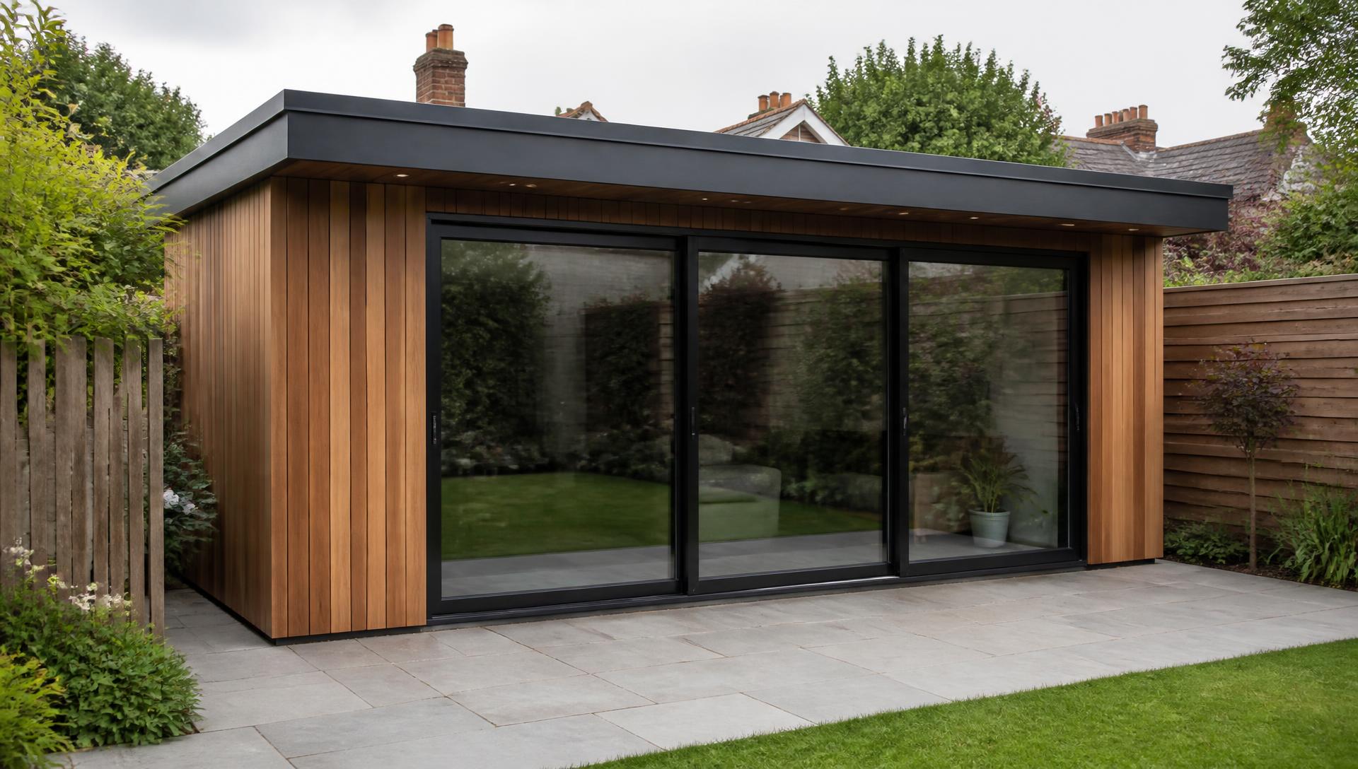 Contemporary timber-clad garden room with cedar cladding and full-height sliding glass doors
